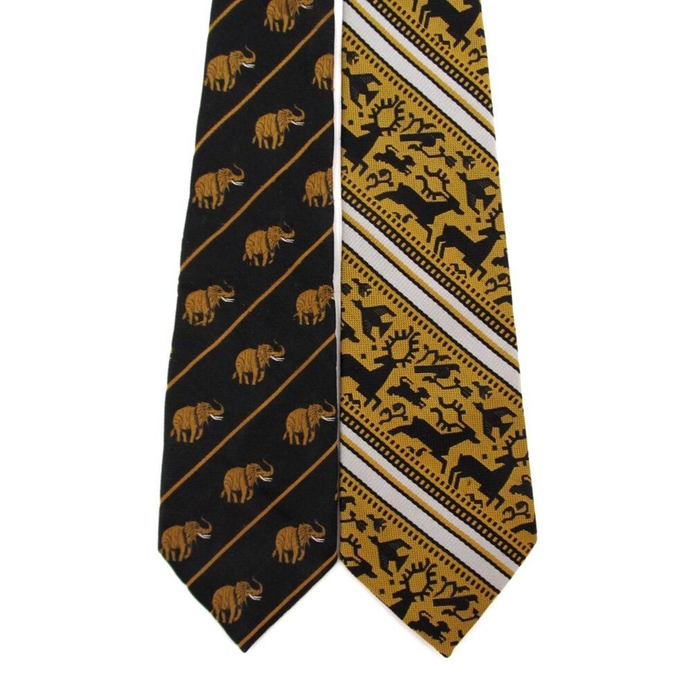Vintage Wildlife Wide Tie Lot Trevira Elephant Silk Italian Animals Gold Navy